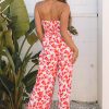 Women's Pink Floral Print Twisted Bandeau Keyhole Pleated Wide Leg Jumpsuit - Image 2