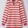 Women's Pink Stripe Collared V Neck Long Sleeve Casual Dress with Pockets - Image 7