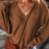 Women's Camel Ribbed Knit Drop Sleeve V Neck Loose Fit Sweater - Cozy & Chic - Image 4