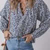 Women's Elegant Blue Floral Print Notched V Neck Puff Sleeve Blouse - Image 6