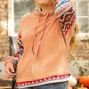 Women's Plus Size Khaki Aztec Patchwork Waffle Knit Hoodie with Drawstring - Image 6