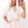 Chic Pink Stripe Knitted Short Sleeve Top and Drawstring Shorts Set for Women - Image 6