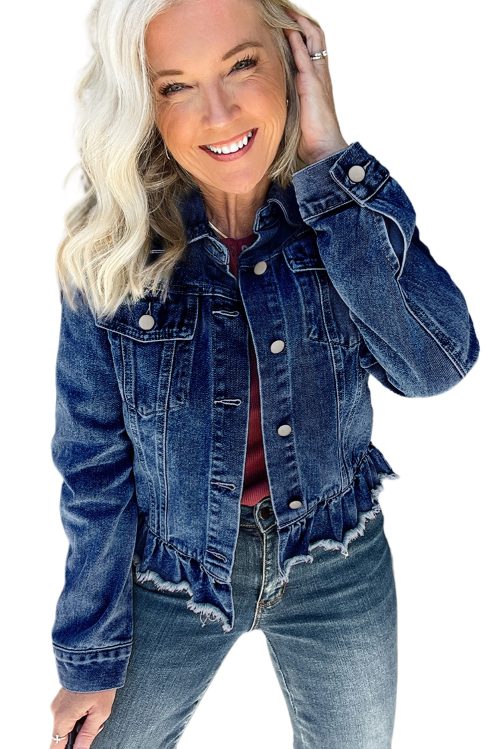 Women's Navy Blue Ruffle Raw Hem Denim Jacket with Flap Pockets