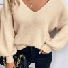 Women's Apricot Lantern Sleeve V Neck Knot Back Sweater - Image 4