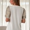 Women's Elegant White Leopard Patchwork Puff Sleeve T-Shirt with Crochet Lace Trim - Image 10