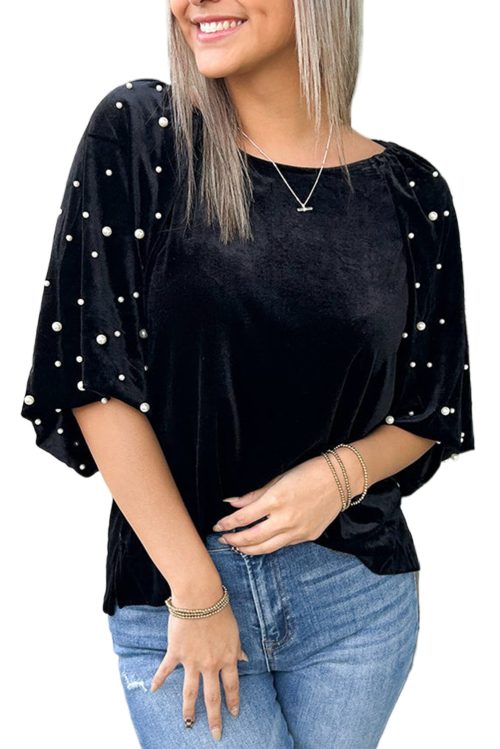 Women's Black Pearl Beaded Half Sleeve Velvet Top for Elegant Occasions