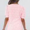 Women's Chic Pink Flower Geometric Textured Button Short Sleeve Top - Image 2