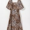 Brown Leopard Print Bubble Sleeve Square Neck Maxi Dress for Women - Image 9