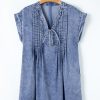 Women's Beau Blue Tie V Neck Denim Shift Dress with Tucking Detail and Pockets - Image 15