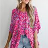 Women's Pink Abstract Print V Neck Half Sleeve Loose Fit Tunic Blouse for Casual and Vacation Wear - Image 2