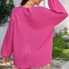 Women's Bright Pink Waffle Knit V Neck Long Sleeve Blouse - Image 6