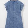 Women's Beau Blue Tie V Neck Denim Shift Dress with Tucking Detail and Pockets - Image 26