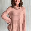 Women's Pink Stripe Cowl Neck Long Sleeve Top with Side Slits - Casual & Comfortable - Image 2