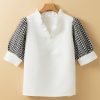 Elegant Women's White Geometric Textured Short Sleeve Blouse with Frilly V Neck - Image 4