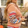 Women's Plus Size Khaki Aztec Patchwork Waffle Knit Hoodie with Drawstring - Image 3