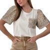 Women's Elegant White Leopard Patchwork Puff Sleeve T-Shirt with Crochet Lace Trim - Image 23