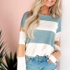 Women's Light Blue Colorblock Striped Drop Shoulder Long Sleeve Top - Image 6