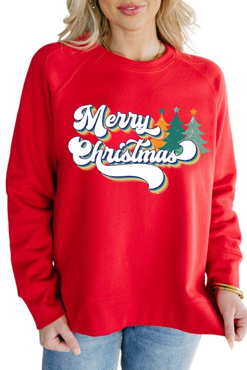 Women's Red Merry Christmas Graphic Crew Neck Pullover Sweatshirt