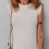 Women's White Solid Color Eyelet Knit Crew Neck Sweater Vest - Stylish and Comfortable - Image 5