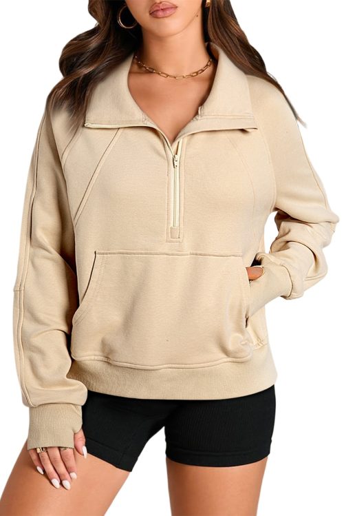 Women's Parchment Quarter Zip Stand Neck Kangaroo Pocket Sweatshirt