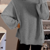 Women's Gray Waffle Knit Bishop Sleeve Oversized Top - Chic and Cozy - Image 2