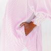 Women's Pink Oversized Striped Boyfriend Shirt with Smocked Cuffs and Pocket - Image 6