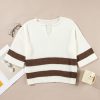 Women's Brown Striped Accent Notched V Neck Cropped Sweater T-Shirt - Image 5