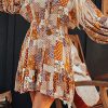 Women's Orange Boho Floral Puff Sleeve Mini Shirt Dress with Smocked Waist - Image 2