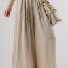 Women's Beige Drawstring Waist Pleated Wide Leg Casual Pants - Image 3