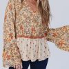 Women's Yellow Floral Bell Sleeve V Neck Wrapped Contrast Peplum Blouse - Image 2