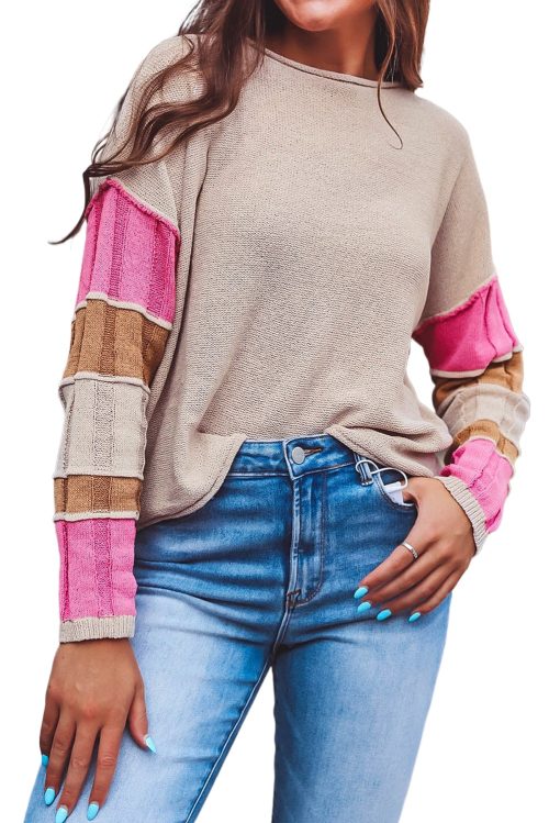 Women's Simply Taupe Colorblock Exposed Seam Round Neck Sweater - Stylish & Cozy