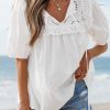 Women's White Embroidered Lace Patchwork Tie Neck Puff Short Sleeve Blouse - Image 9