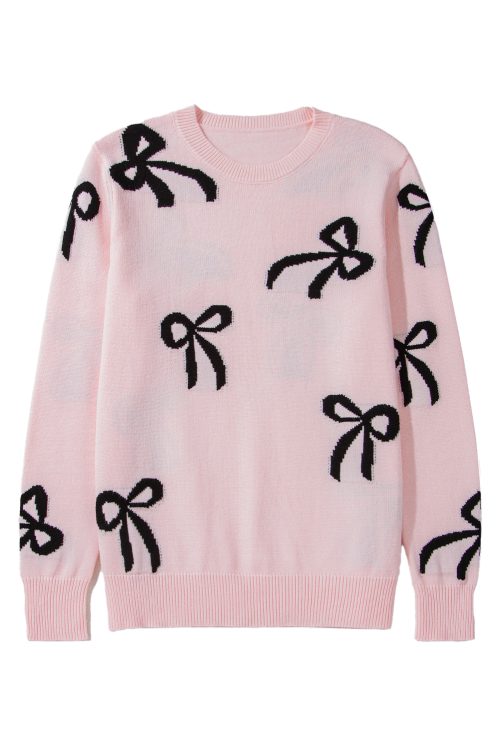 Women's Light Pink Bow Pattern Knitted Loose Fit Sweater for Casual Style