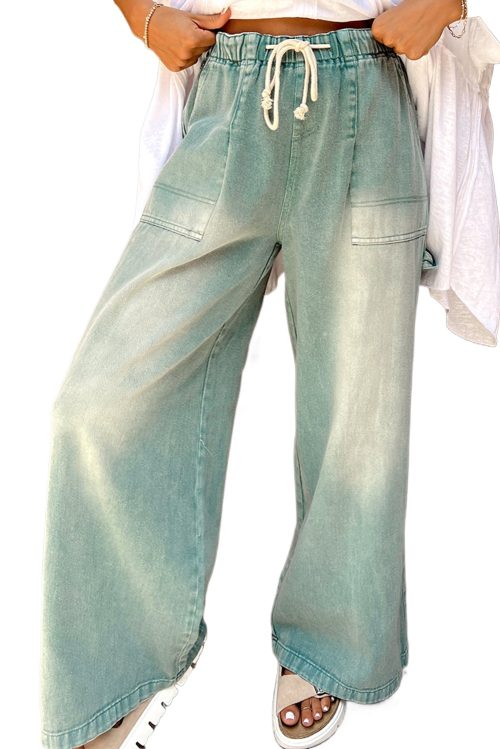 Women's Smoke Green Mineral Wash Drawstring High Waist Wide Leg Jeans