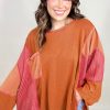 Plus Size Orange Textured Knit Color Block Long Sleeve Top with Chest Pocket - Image 3