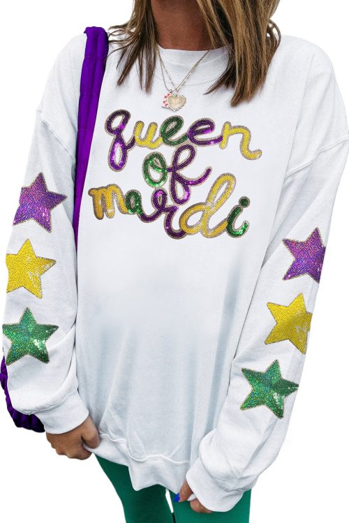 Women's White Sequin 'Queen of Party' Graphic Pullover Sweatshirt with Star Sleeves