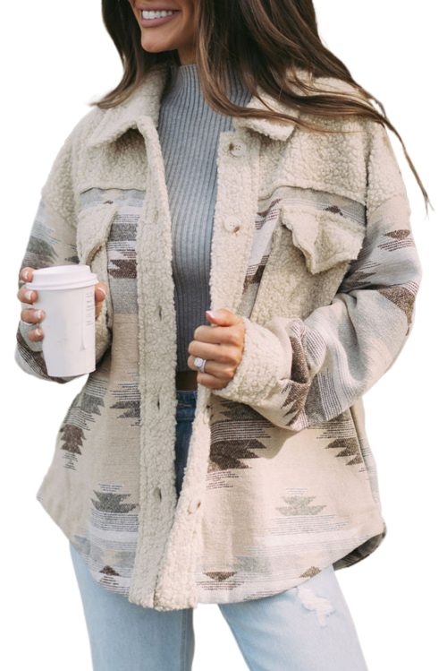 Women's Khaki Western Aztec Print Sherpa Splicing Long Sleeve Button Coat