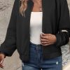 Women's Black Solid Textured Stand Neck Zipper Bomber Jacket - Image 2