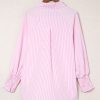 Women's Pink Oversized Striped Boyfriend Shirt with Smocked Cuffs and Pocket - Image 14