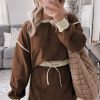 Fashionable Coffee Color Contrast Loose Pullover and Lace-Up Waist Skort Set for Women - Image 3