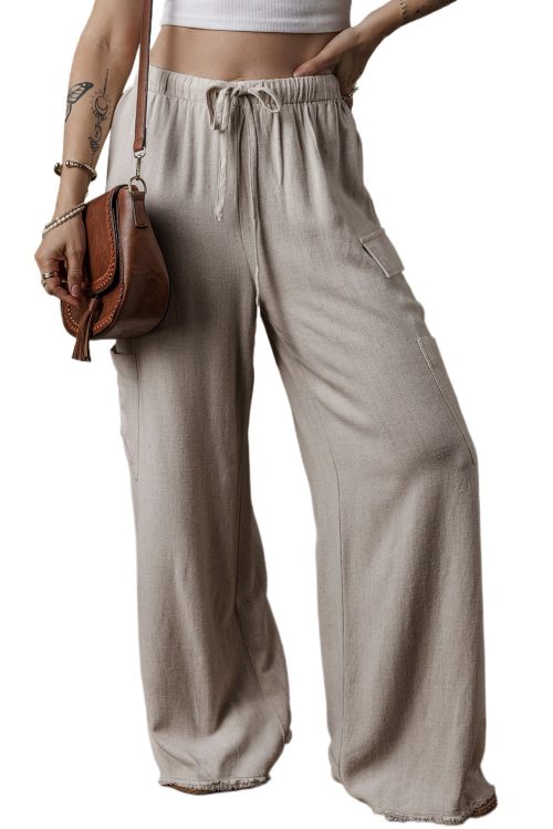 Women's Beige Boho Linen Drawstring Waist Cargo Pants - Eco-Friendly and Stylish