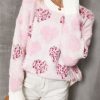 Women's Pink Heart Leopard Print Fuzzy Sweater with Pearled Ribbed Trim - Image 3