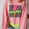 Women's Pink Teacher Lightning Checkered Print Color Block Sweatshirt - Image 3