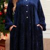 Women's Navy Blue Plus Size Textured Velvet Tiered V Neck Dress - Image 8