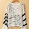 Women's White Stripe Hollow-out Openwork Knit Puff Sleeve Sweater - Image 7