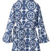 Women's Blue Floral Print V Neck Wrapped Knot Long Sleeve Shift Dress - Image 6