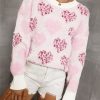 Women's Pink Heart Leopard Print Fuzzy Sweater with Pearled Ribbed Trim - Image 5