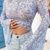 Women's Sky Blue Floral Bell Sleeve Mock Neck Crop Top - Chic Bohemian Style - Image 3