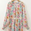 Women's Multicolour Floral Print Bubble Sleeve V Neck Mini Dress - Chic Boho Style - Image 6