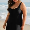 Women's Black Plus Size Solid Pleated Ruffled One Piece Swim Dress for Beach Days - Image 3